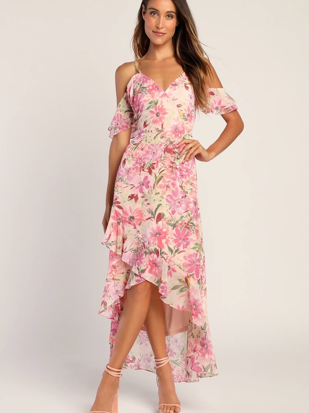 Lulu's Blush Pink Floral Cold-Shoulder High-Low Dress